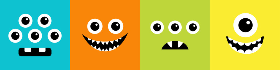 Monster square head line icon set. Happy Halloween card. Boo Spooky Screaming smiling sad face emotion. Eyes, teeth fang, mouse. Flat design style. White background.