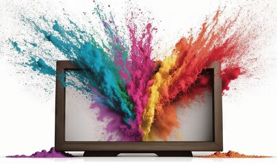  a television with colorful powder coming out of it's screen and on the screen is a television screen with a white background and a brown frame.  generative ai