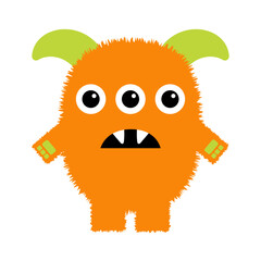 Fluffy monster standing. Funny face head. Eyes, fang teeth. Happy Halloween. Cute kawaii cartoon colorful scary character. Orange monsters. Funny baby collection. Flat design. White background