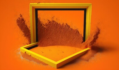  a yellow picture frame with a pile of dirt in it on an orange background with a shadow of a square in the middle of the frame.  generative ai