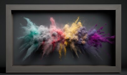  a picture of a multicolored cloud of smoke in a black frame on a gray background with a black background and a white border.  generative ai