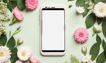 Fototapeta na wymiar a white cell phone sitting on top of a table surrounded by flowers and greenery with pink and white daisies on a green background. generative ai
