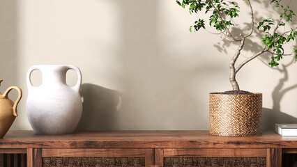 Asian antique vintage wooden cabinet top with tropical tree in rattan basket, clay vase in sunlight, shadow on blank beige wall for interior design decoration,  beauty, fashion product background 3D - obrazy, fototapety, plakaty