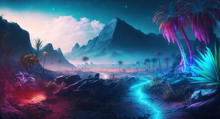 Palm trees in the desert with mountains on background. Neon colored synthwave landscape. Generative AI