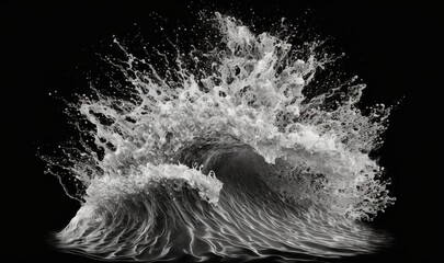  a black and white photo of a wave crashing into the ocean with water splashing on the top of it and the bottom of the wave.  generative ai