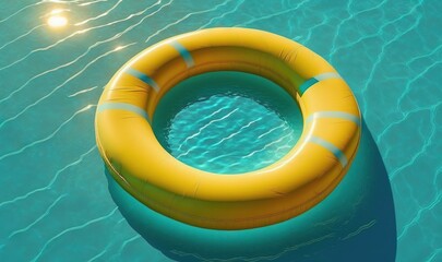  an inflatable raft floating in a pool of water with a sun shining on the water behind the raft and the bottom of the raft.  generative ai