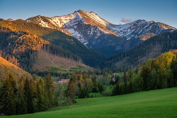 Spring sunset in Lysa Polana, Tatranska Javorina. Mountain view with blue sky in High tatras, Vysoke Tatry, Slovensko, Slovakia. Discover the spring beauty of the mountains. © Ivan