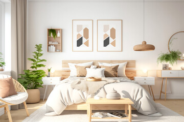 Fototapeta na wymiar A modern-style bedroom with soft, natural colors and a wooden furniture design concept.