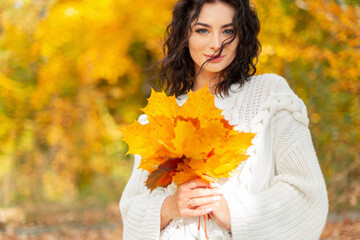Happy curly girl in a fashionable knitted white sweater holds an autumn bouquet of maple yellow leaves against the background of a golden park