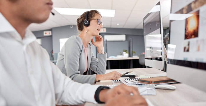 Call center, computer and woman, working or telemarketing agency for customer service advice. Contact us, crm and helpdesk with operator or representative female on online conversation for support