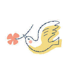 四葉のクローバーを咥えて飛んでいる鳥