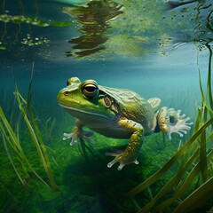 Fototapeta na wymiar Green frogs swimming in clear river water with green grass all around. Generative AI.