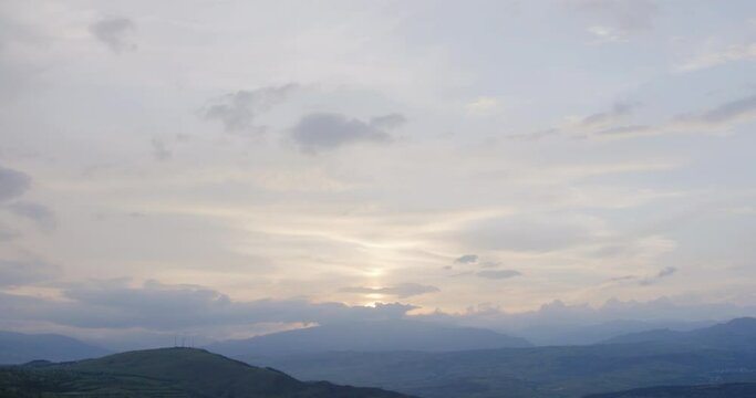 Hazy dusking sky over Akaltsikhe countryside region in Georgia.