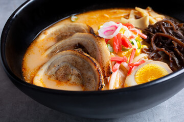 A closeup view of pork chashu ramen.