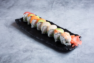 A view of a rainbow roll.