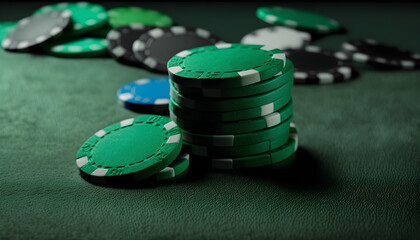 green poker chips on green felt in casino