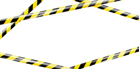 Realistic striped crossing caution tape of warning signs for crime scene or construction area in yellow. Police line, do not cross ribbon. Warning danger tape. Ribbons for accident, under construction - obrazy, fototapety, plakaty