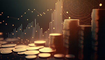 Double exposure of graph and rows of coins for finance and business concept. Generative ai