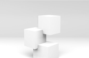 3D illustration of three white cubes piled up in a minimal background for mockup, blank stand for product and display on white banner web, e-commerce and wallpaper