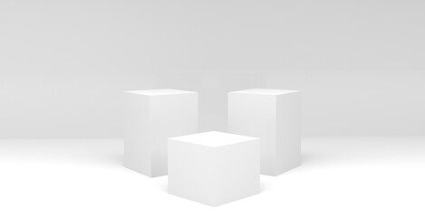 3D illustration of three white geometric platforms in a minimal background for mockup, blank stand for product and display on white banner web, e-commerce and wallpaper