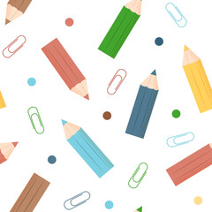 Seamless school pattern with pencils and clips on white background
