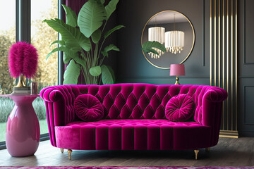 Modern living room design with viva magenta velvet sofa. Generative AI.