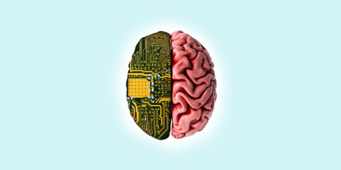 The human brain with two halves - live brain and electric circuit green motherboard. Technology concept.