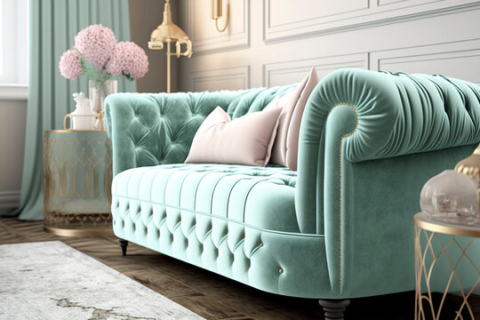 Modern living room design with light green velvet sofa. Generative AI.