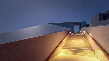 Architecture 3d rendering illustration of minimal house with lights on stairs at sunset - obrazy, fototapety, plakaty