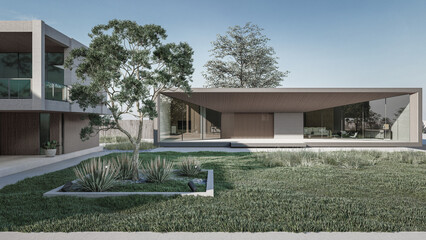 Architecture 3d rendering illustration of minimal house with a enormous lawn and a huge window