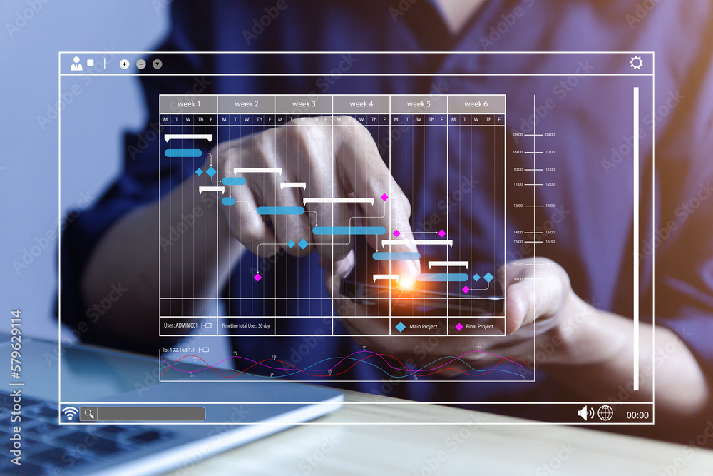 Poster male manager managing business planning project schedule in the office. gantt chart showing on virtu