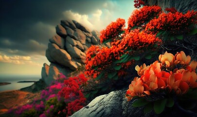  a bunch of flowers that are sitting on a rock near the water and a cliff with a large rock formation in the background and a body of water in the foreground.  generative ai