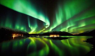  the aurora bore is reflected in a lake at night with lights reflecting on the water and mountains in the background, with a reflection in the water.  generative ai