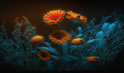  a bunch of flowers that are sitting in the grass with a dark background and a yellow flower in the middle of the picture with a blue flower in the middle of the middle.  generative ai