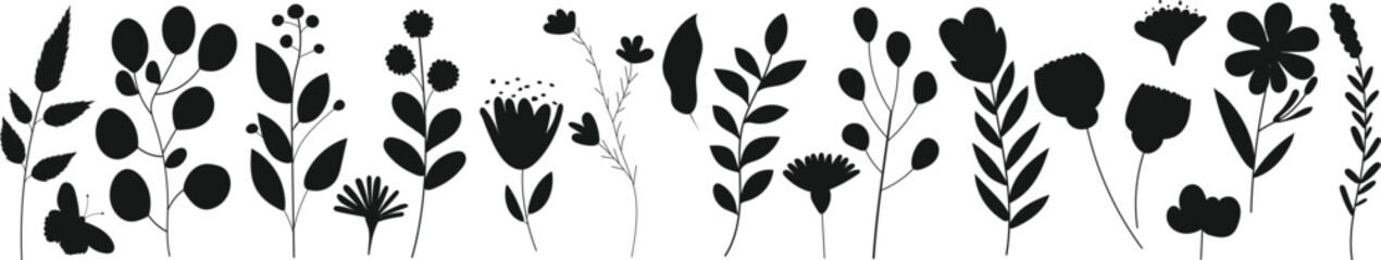 plants, flowers black silhouette isolated vector