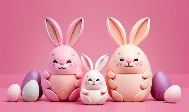  a group of easter eggs with bunny ears and a bunny face on them, sitting next to each other on a pink surface with a pink background.  generative ai