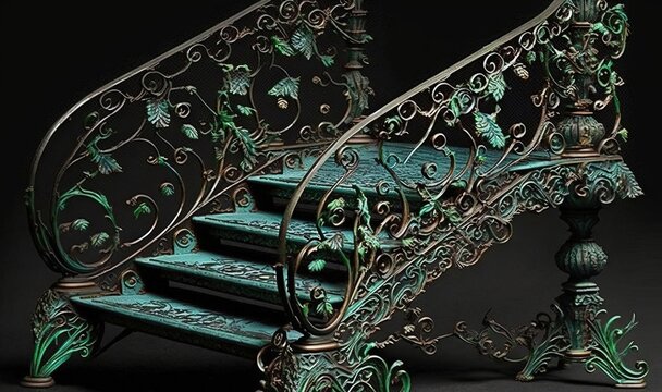  a set of stairs made of metal with green painted steps and railings with flowers and leaves on the sides and a green painted railing.  generative ai