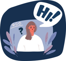 Cartoon vector illustration of woman is asking for a choice in the frame.