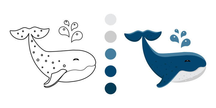 Kids coloring page - blue whale. Funny  little. Vector Illustration. Isolated on white background.