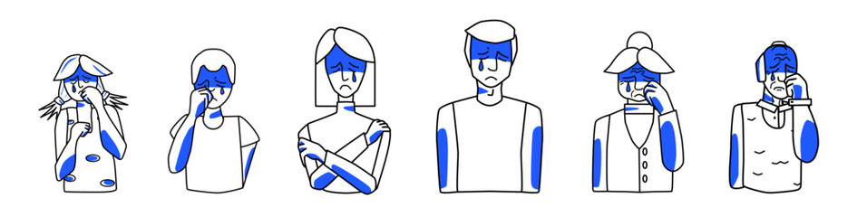 Emotion of sadness, people set. Sad boy and girl, man and woman, grandfather and grandmother.