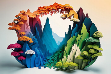 3D colorful paper texture mountains. Generative AI.
