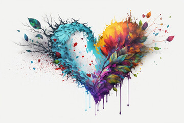 Abstract watercolor love heart with nature elements. Generative AI.