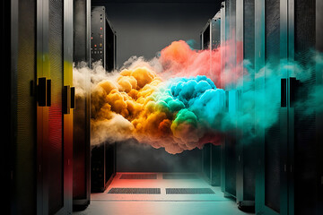 The power of the server supports the online cloud system to make sure runs smoothly and fast. Colorful powder explodes. Generative AI.	
 - obrazy, fototapety, plakaty