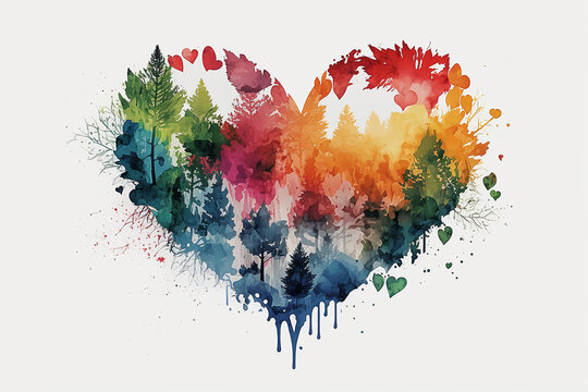 Abstract watercolor love heart with nature elements. Generative AI.