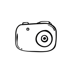 Cute kawaii camera smiling and winking. Cartoon character photographic equipment. T shirt design element. Pink and blue camera icon. Small mirrorless camera. Vector illustration, flat, clip art.