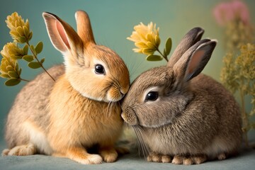 Fototapeta na wymiar Two bunnies are cuddling. Bunny love for Easter as a digital illustration (Generative AI)