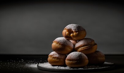  a pile of doughnuts sitting on top of each other on a plate covered in powdered sugar and powdered sugar on a black surface.  generative ai
