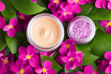 Natural cosmetics products with flowers and jar creme. Skin care body concept. Generative Artificial Intelligence.