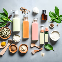 Natural cosmetics products on concrete background. Flat lay, top view. Generative Artificial Intelligence.