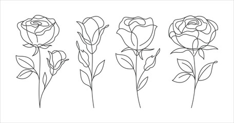 Set of 4 Roses line art drawing. Decorative beautiful roses flower with thin line art style. Minimalist set of roses illustration. Vector illustration